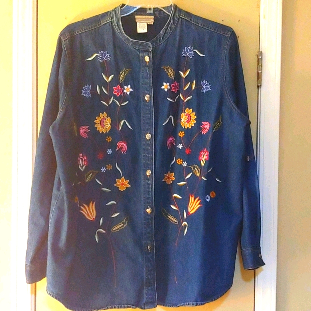 Floral Embroidered Coldwater Creek Denim top 2X